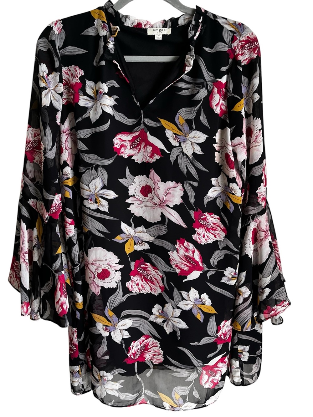 Umgee Black Floral Mini Shift Dress Tunic Bell Sleeves Sheer Size Medium Flaw